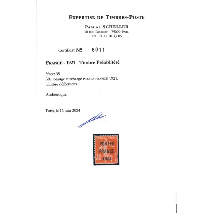 Lot A6017 - Préoblitéré - N°35 Neuf (*) sans gomme